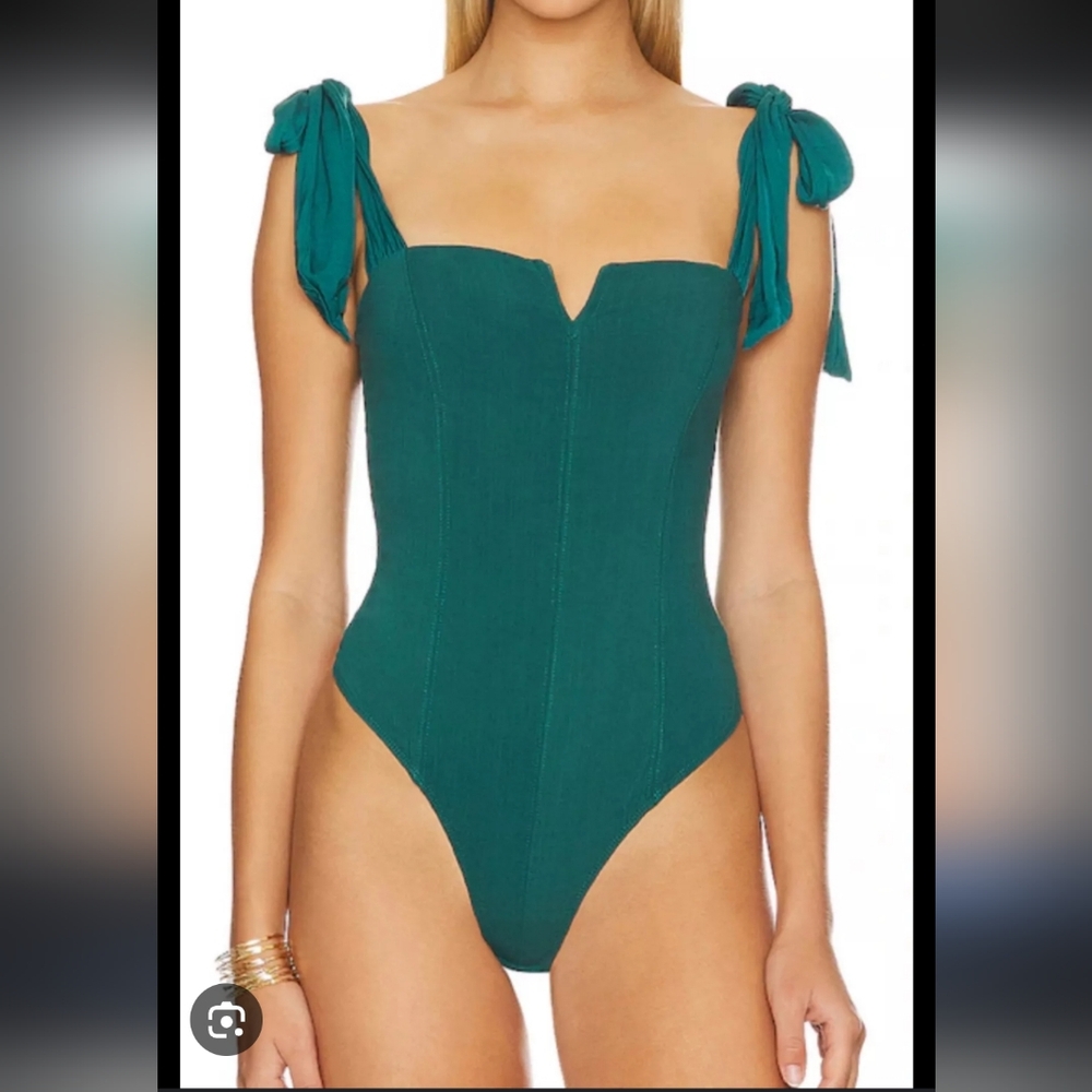 Free People Tie Shoulder Green Bodysuit Large
